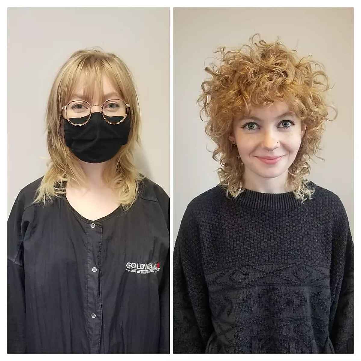 Curly wolf cut with curly bangs on permed hair