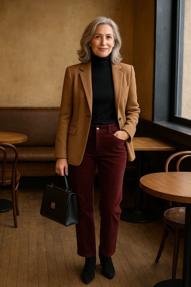 Older woman in a brown corduroy blazer with a cream roll-neck sweater