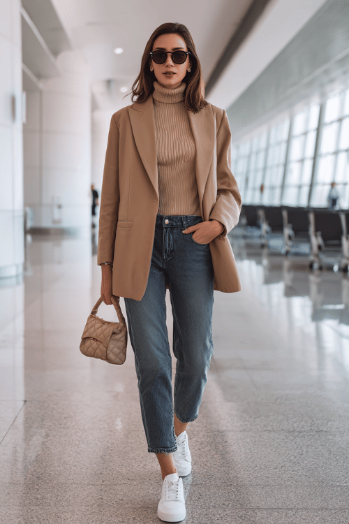 Woman in a camel wool coat, black turtleneck and straight-leg jeans walking through an airport