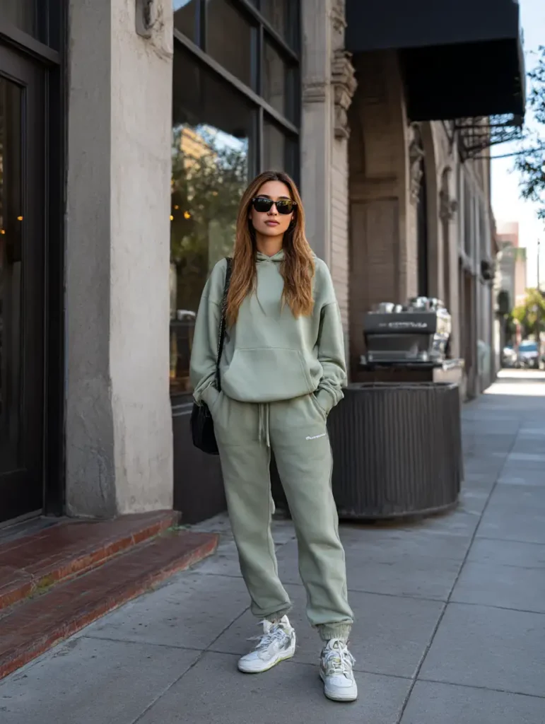 Woman in a sage green hoodie and matching joggers with white sneakers and sunglasses