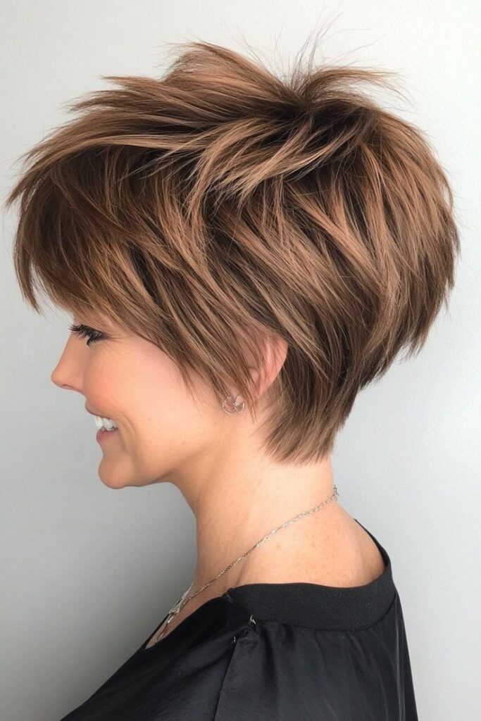 Layered pixie-bob with caramel lowlights and side profile