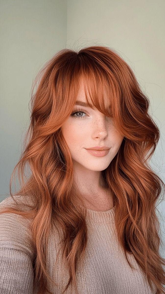 Fiery copper hair with golden highlights and curtain bangs