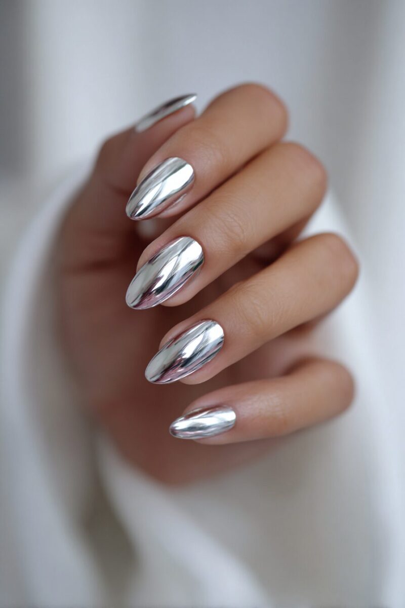 Silver Mirror Chrome: liquid-metal silver chrome on almond nails