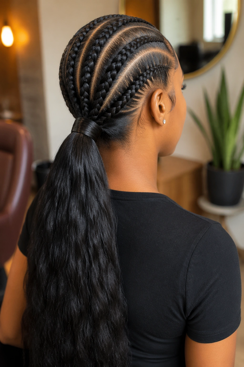 Feed-in cornrows into a sleek braided ponytail with wrapped base
