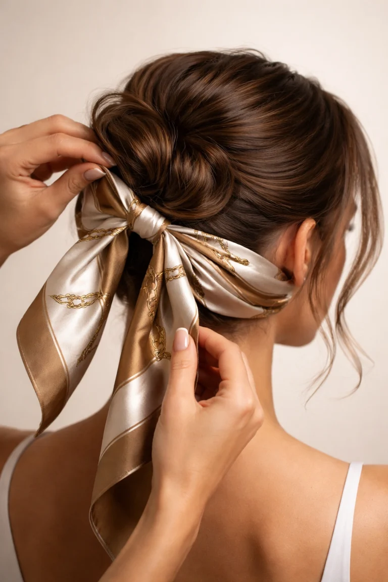 Woman wrapping a gold and ivory printed silk scarf around a twisted brunette bun