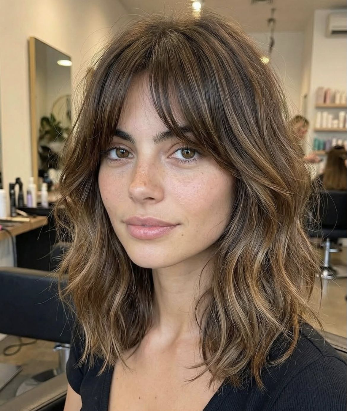 A woman with medium layered hair and curtain bangs, photographed in a salon