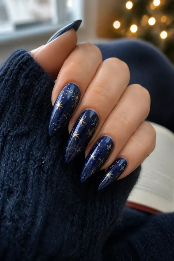 Navy Christmas nails with gold star art