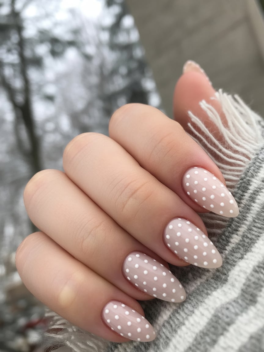 Sheer nude almond nails with white polka dot nail art