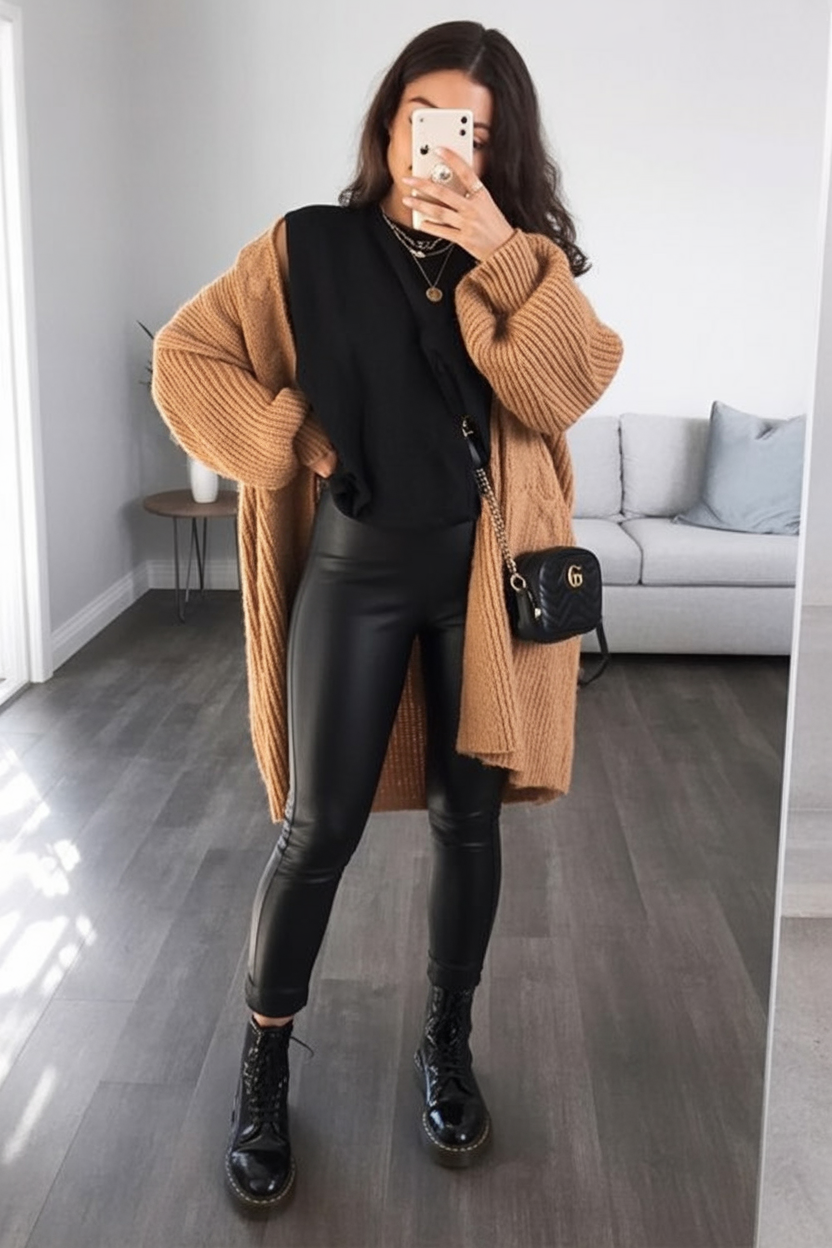 Woman in a long camel knit cardigan with a black top, black leather leggings and lace-up boots
