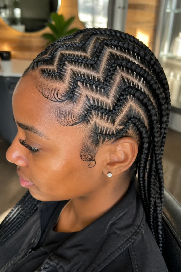 Cornrows in a zigzag parting pattern with laid edges