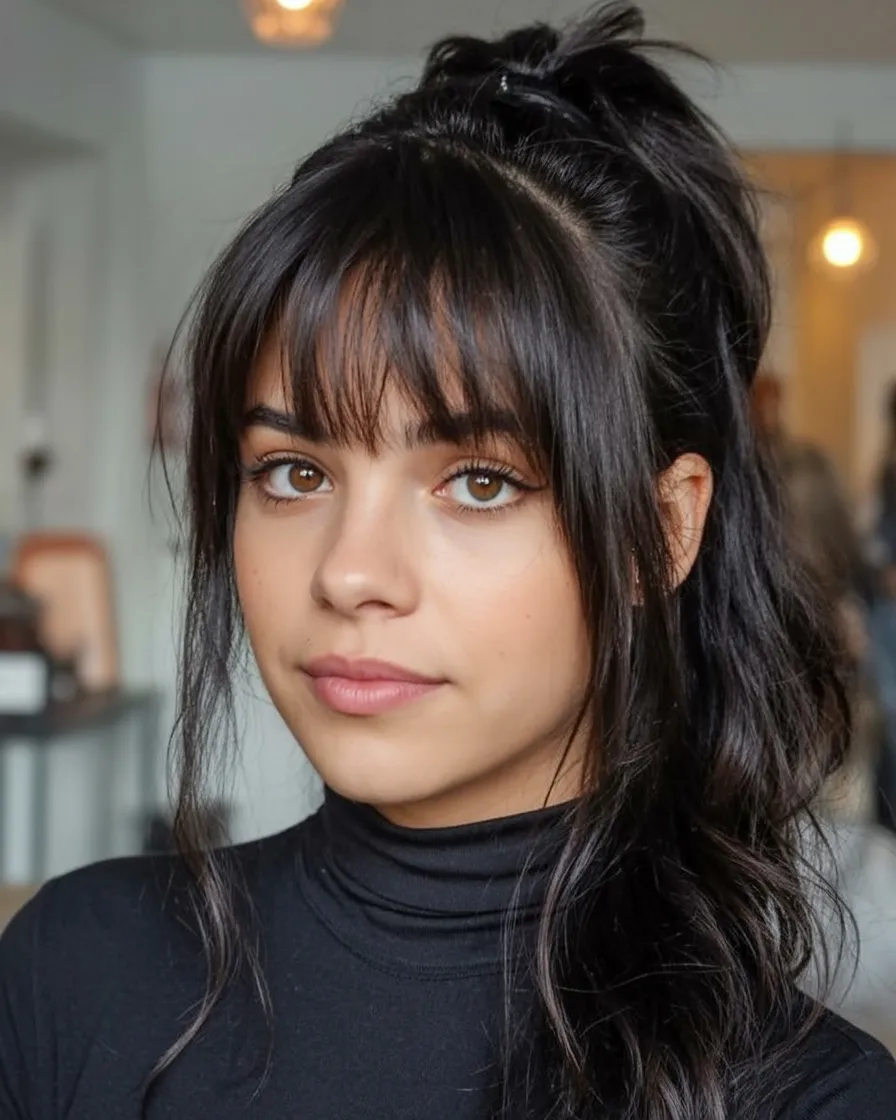 Half-up hairstyle with soft wispy fringe